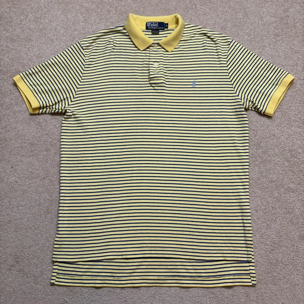 Polo Ralph Lauren Polo Shirt Mens Medium Yellow Blue Stripe Pique Cotton